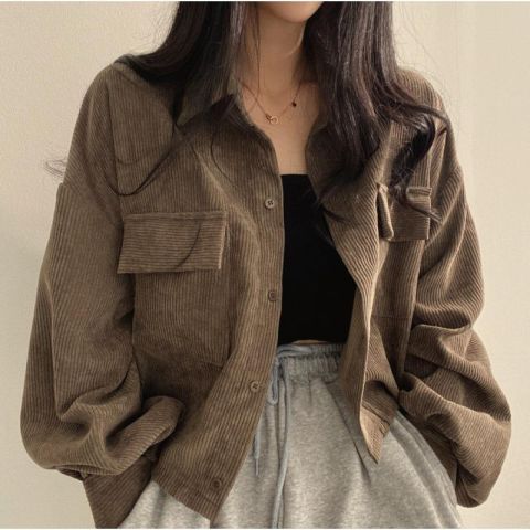 Áo sơ mi nữ dài tay xếp chồng lên nhau dễ kết hợp dày dặn vải nhung dáng rộng cổ điển mùa xuân và mùa thu mới của phụ nữ