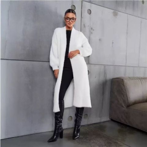 Áo len cardigan dệt kim xuyên biên giới dành cho nữ mùa thu đông mới dáng rộng cỡ lớn mỏng lười phong cách giả chồn nhung áo khoác dài