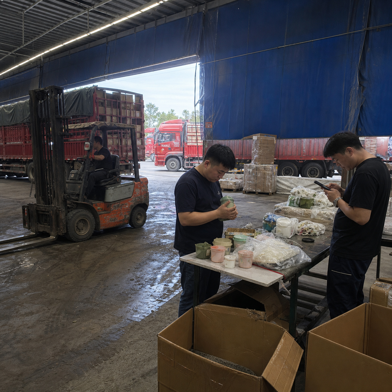 Nhân viên kho kiểm đếm mẫu hàng cạnh thùng carton và điện thoại