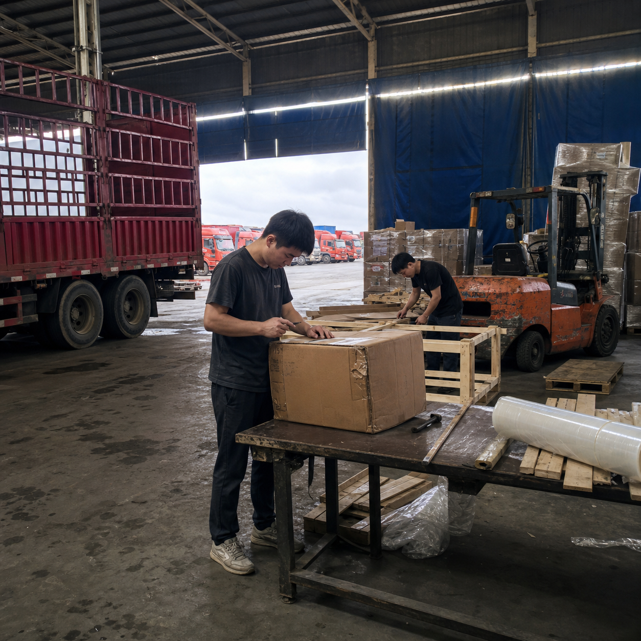 Nhân viên kho đo kiện carton bị móp cạnh các thanh gỗ chuẩn bị đóng khung.