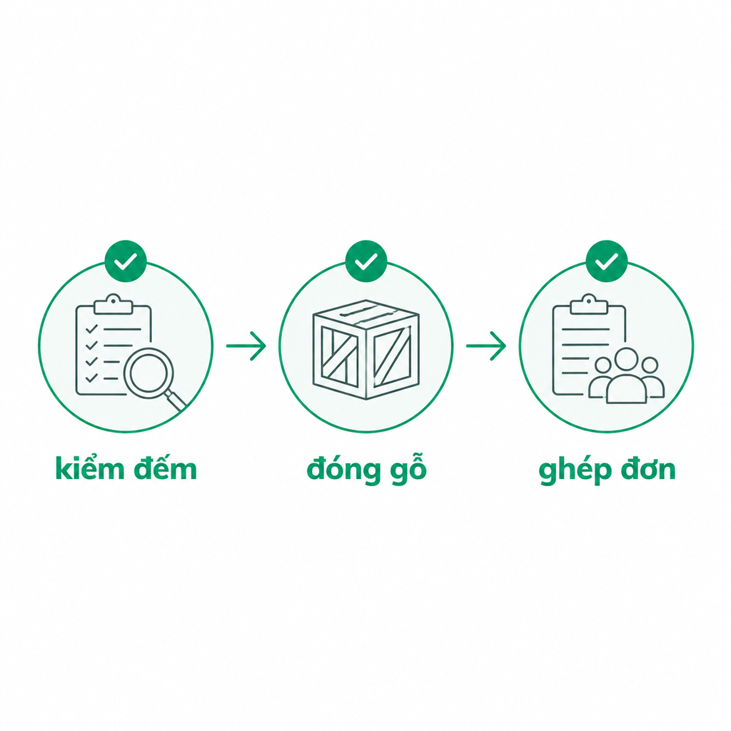 Sơ đồ minh họa ba công đoạn kiểm đếm, đóng gỗ và ghép đơn cho kiện hàng.