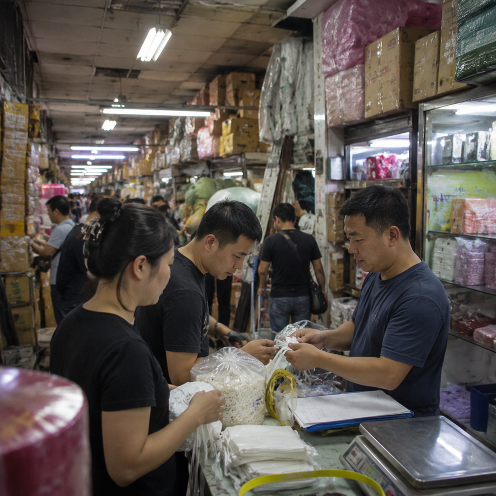 Người mua kiểm tra hàng mẫu và hồ sơ tại chợ sỉ Trung Quốc