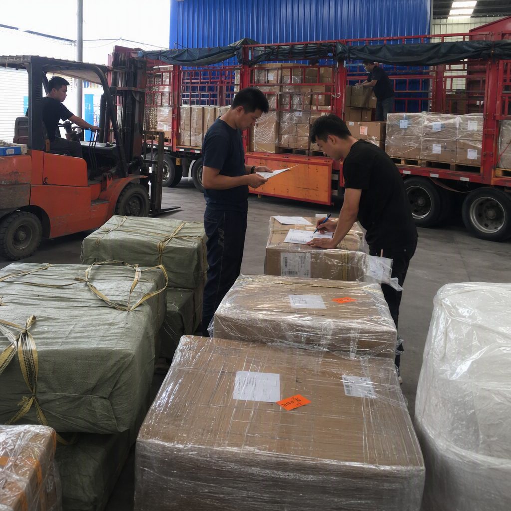 Nhân viên kho Trung Quốc kiểm đếm các kiện carton, bao tải và bì hàng mềm tại bàn nhận hàng.