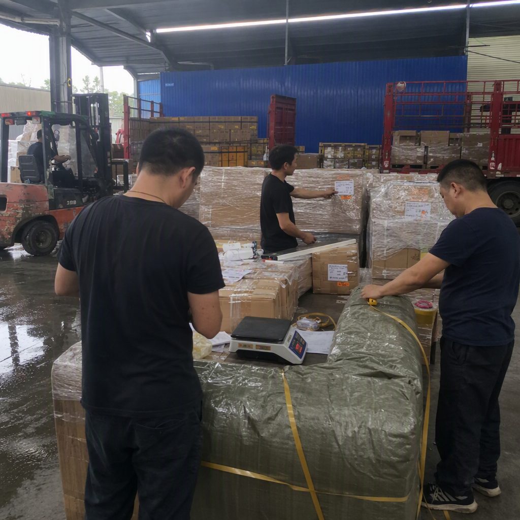 Nhân viên kiểm đếm và dán phiếu lên các kiện hàng tại kho Trung Quốc