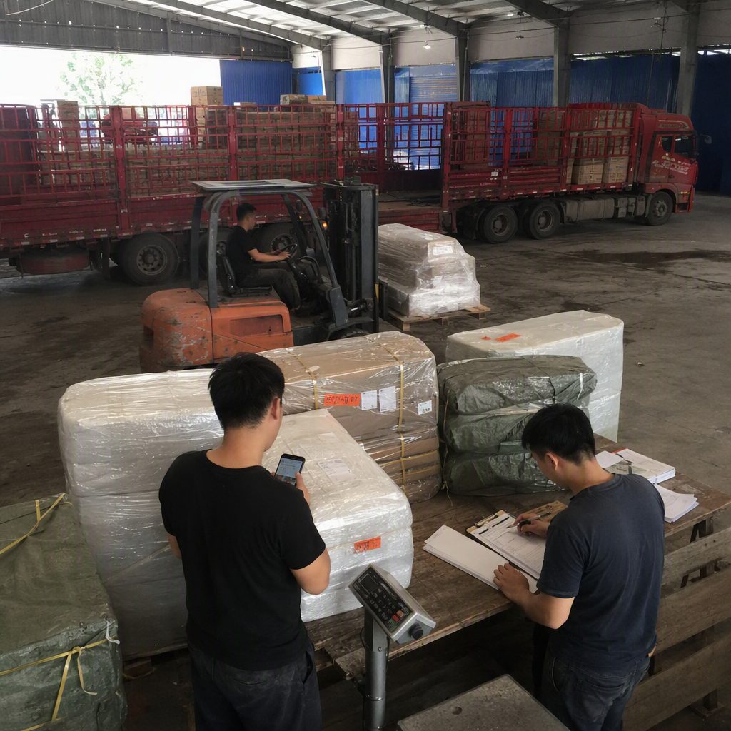 Nhân viên kho đối chiếu thông tin đơn hàng với các kiện carton, bao PP và bì hàng mềm.