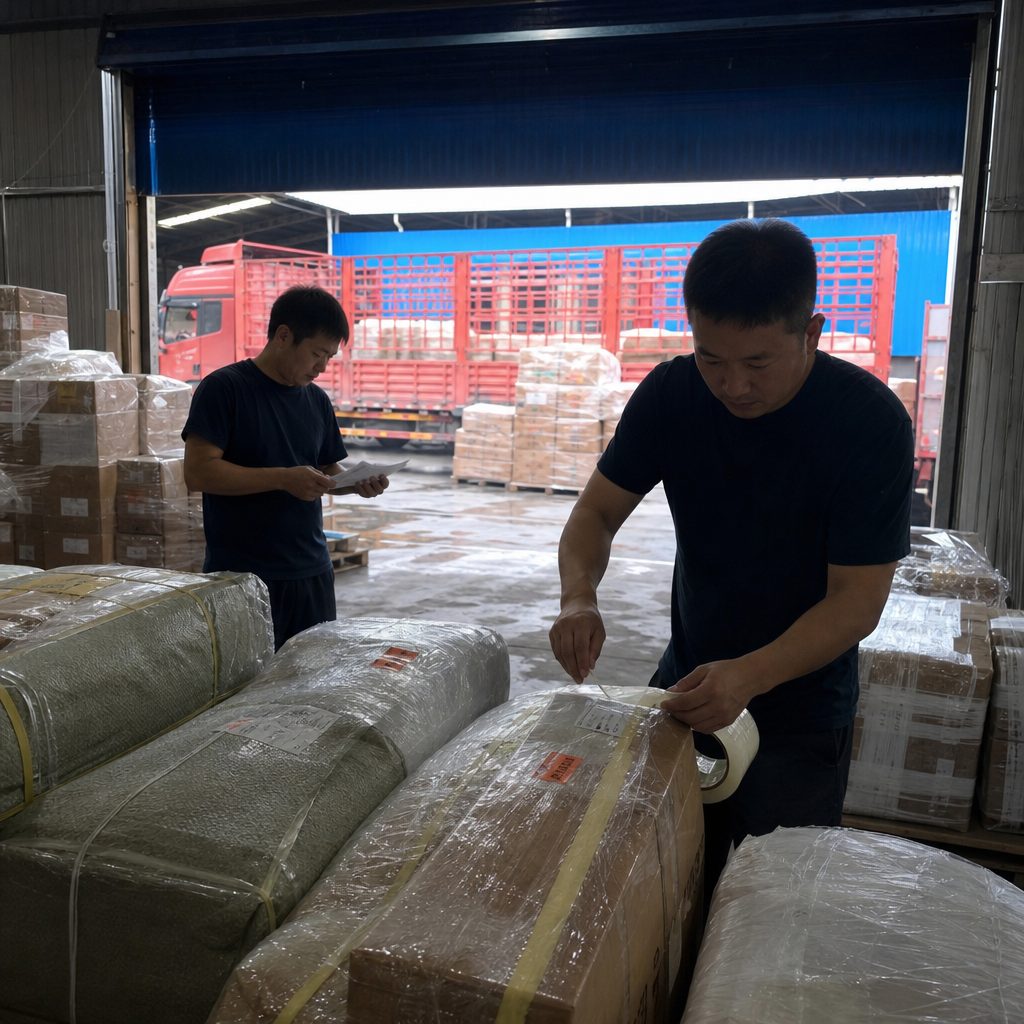Nhân viên kho kiểm đếm và dán nhãn các kiện hàng đa dạng để ghép chung lô.