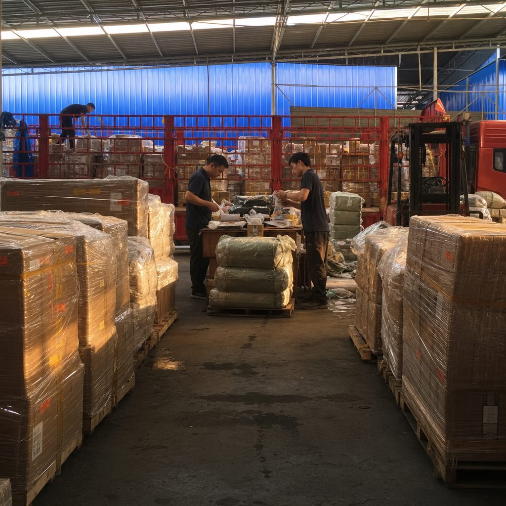 Nhân viên kiểm đếm và gom nhiều kiện hàng nhỏ trên bàn trong kho.
