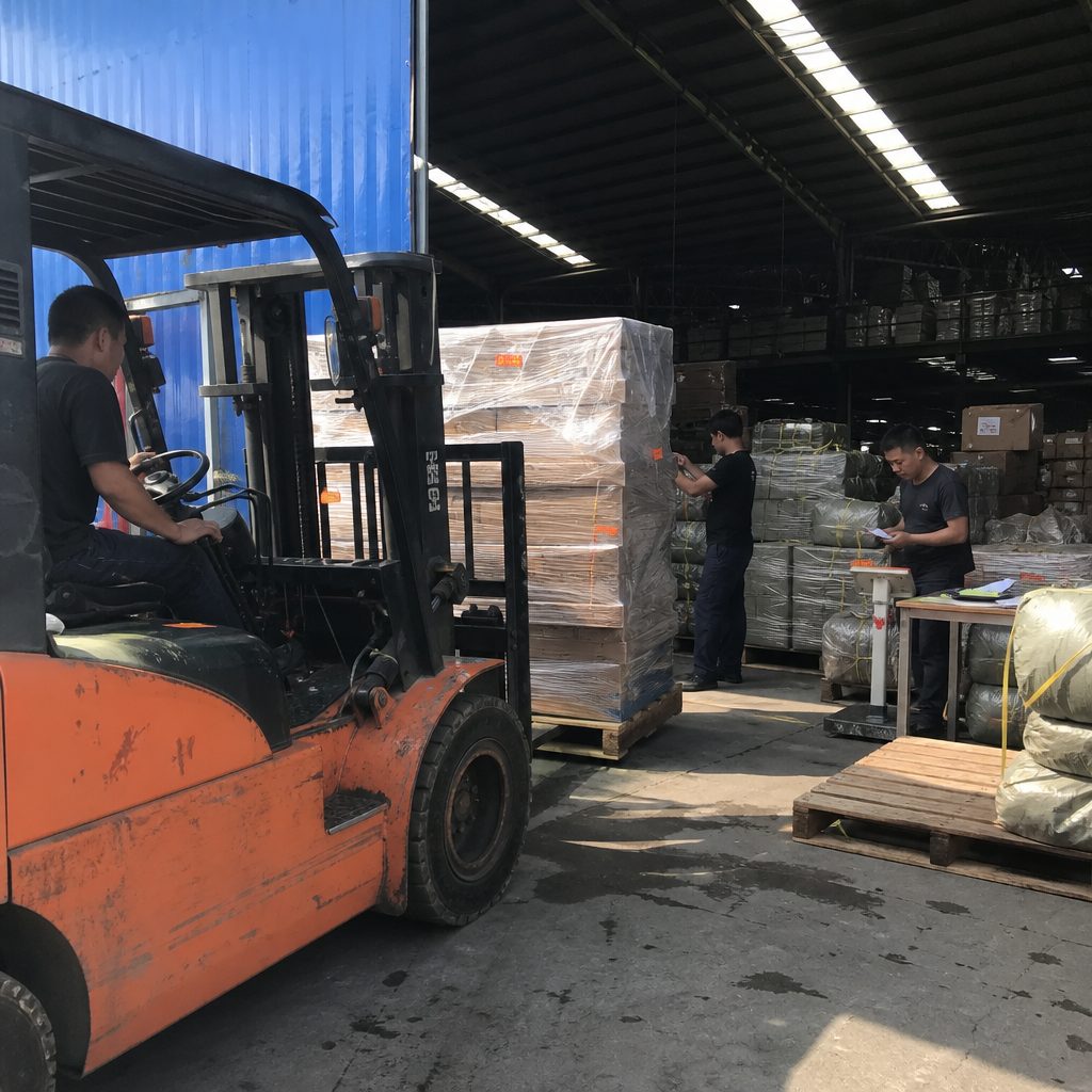 Nhân viên kho đang kiểm đếm và dán phiếu cho nhiều loại kiện hàng tập kết.