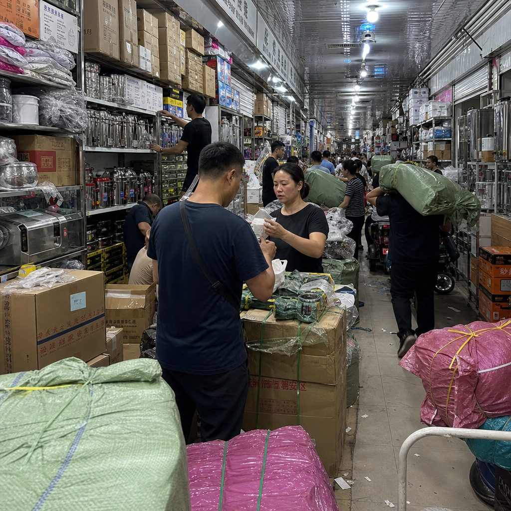 Người mua kiểm tra mẫu hàng cùng người bán tại chợ sỉ Trung Quốc