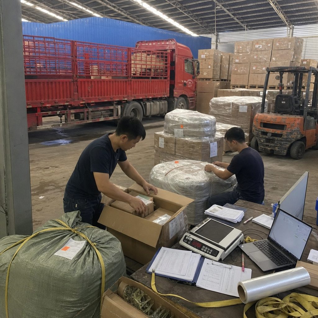 Nhân viên kho kiểm đếm kiện hàng và đối chiếu hồ sơ trên bàn làm việc