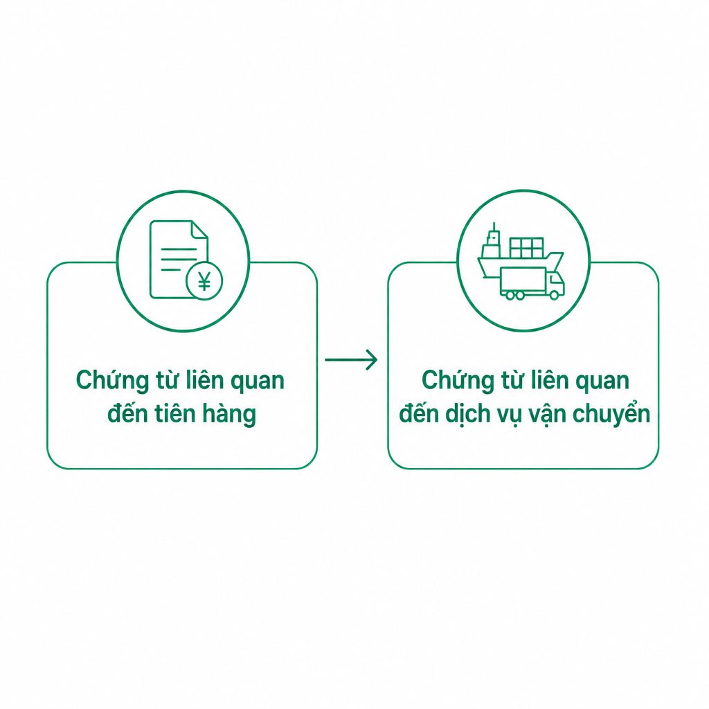 Sơ đồ phân chia hồ sơ nhập hàng thành chứng từ tiền hàng và chứng từ vận chuyển