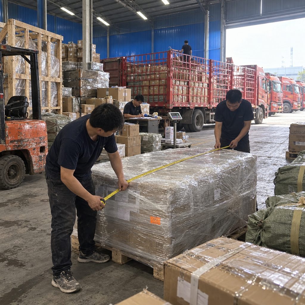 Nhân viên kho đo kích thước kiện hàng cồng kềnh giữa các bao tải và thùng carton