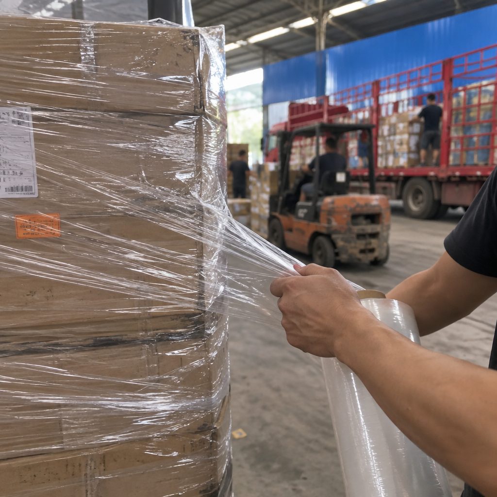 Tay nhân viên quấn màng bảo vệ quanh kiện carton trong kho