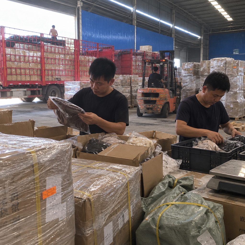 Nhân viên kho mở kiện và phân loại hàng trên bàn kiểm đếm