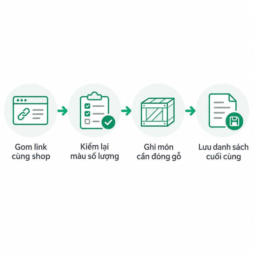 Sơ đồ bốn bước gom link, kiểm màu số lượng, ghi hàng đóng gỗ và lưu danh sách.