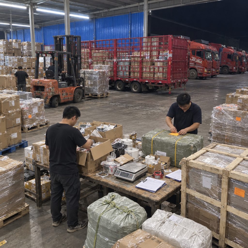 Nhân viên kiểm đếm nhiều loại kiện hàng trên bàn trong kho