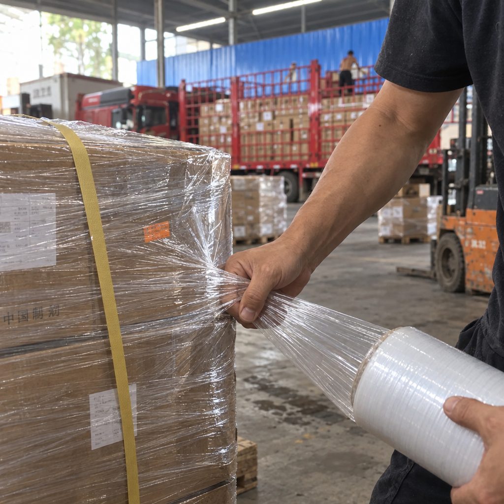 Tay nhân viên quấn màng bảo vệ quanh kiện carton