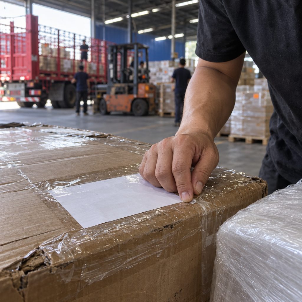 Bàn tay dán phiếu kiểm đếm trơn lên thùng carton tại kho